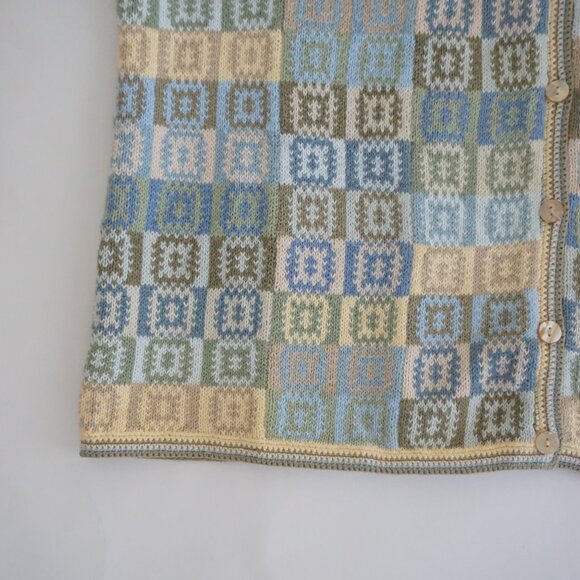 Talbots Blue Green Patchwork Checkered Button Knit Cardigan Cottagecore M - Picture 7 of 9